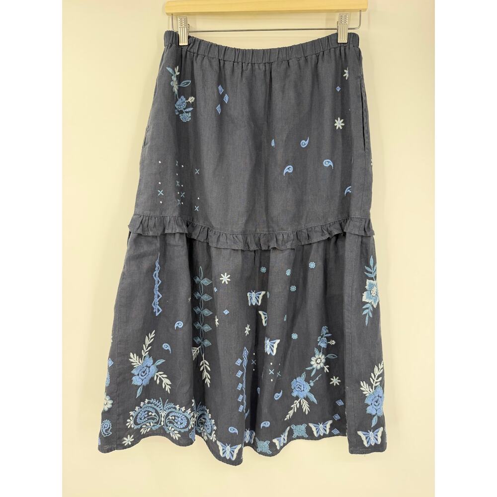 JOHNNY WAS Nico Ruffle Tiered Midi Skirt Womens XS Blue Linen Embroidered Boho - Picture 4 of 13